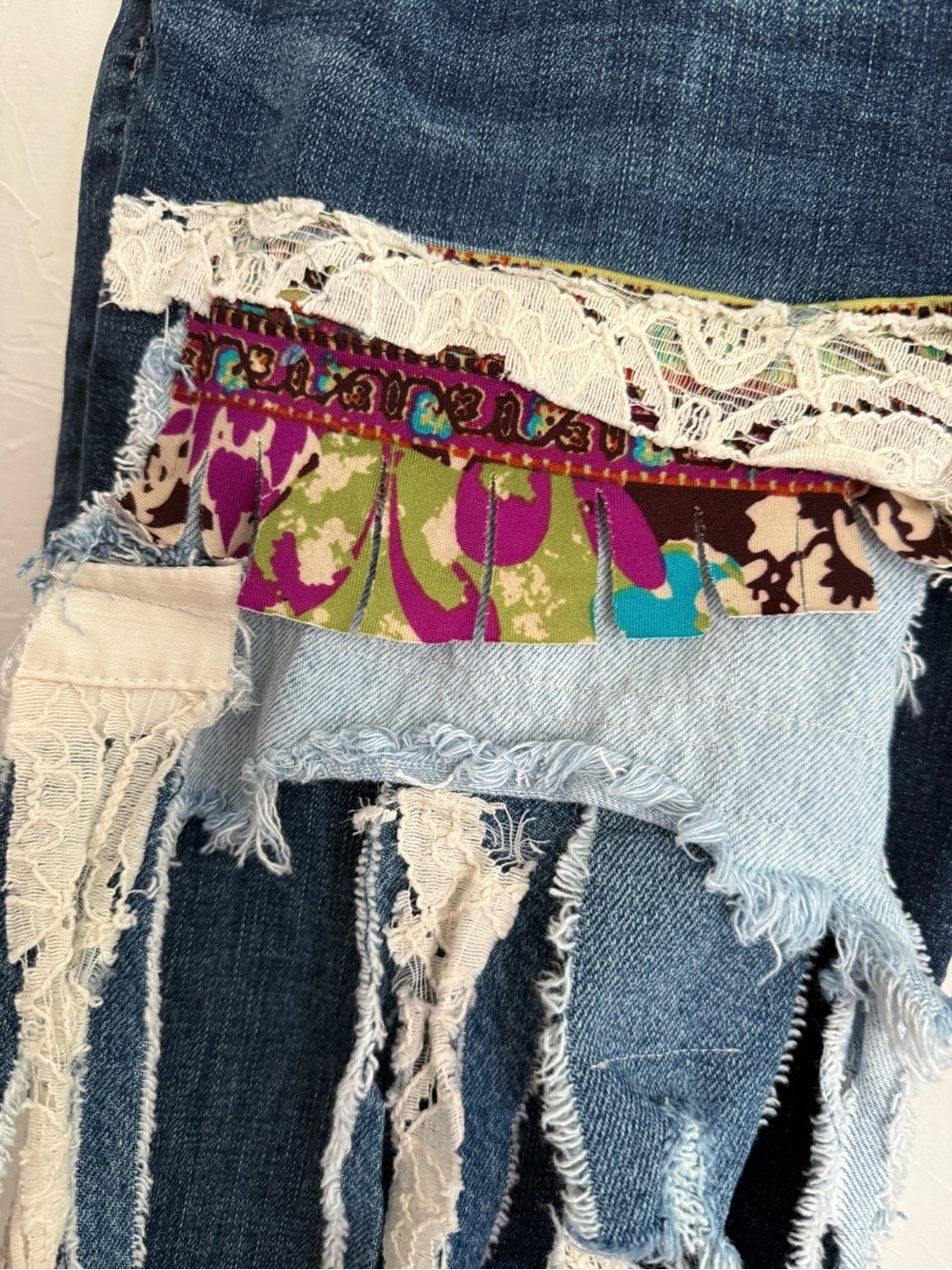 Artisan Upcycled Scrappy Denim Boho Jeans Size 32 - Picture 5 of 16